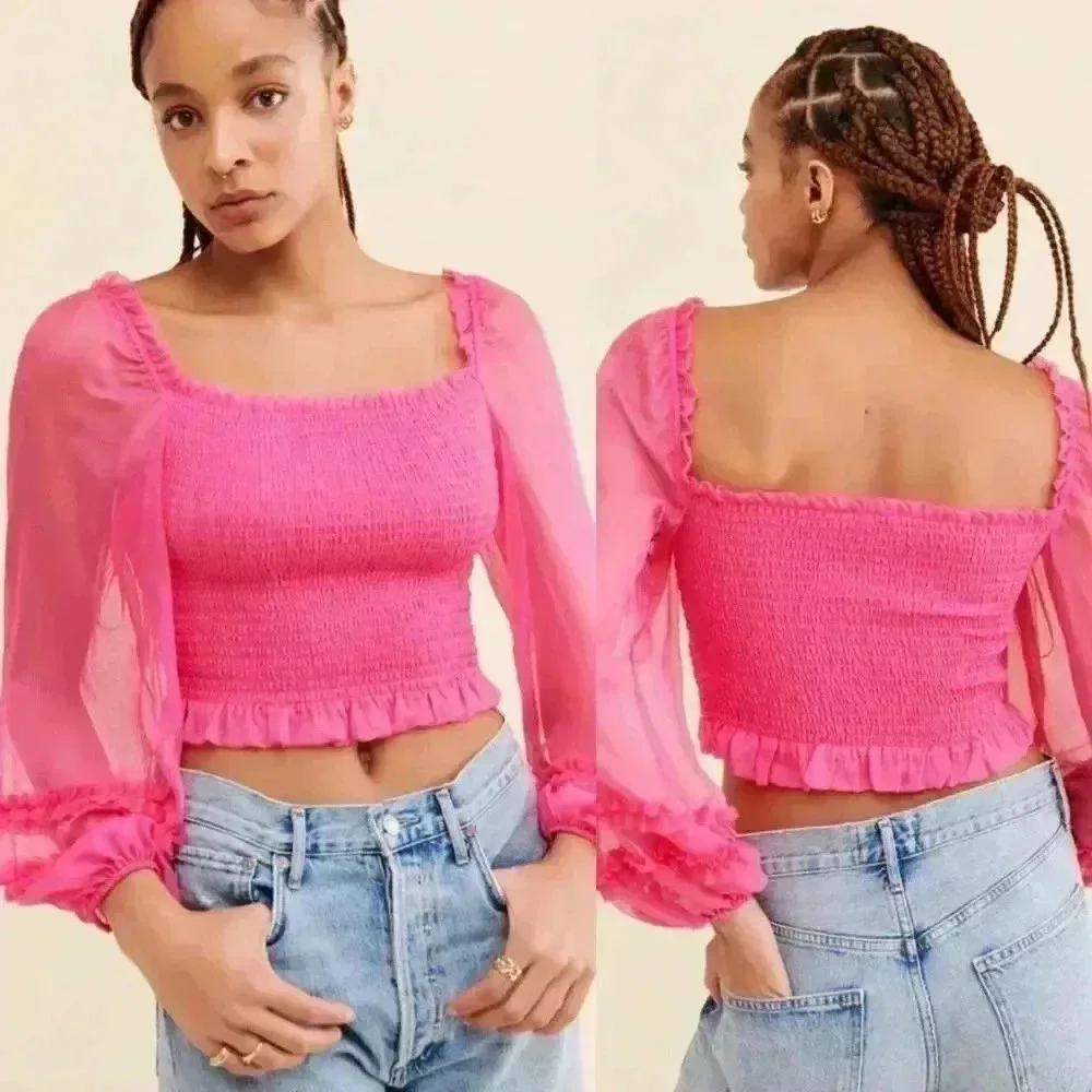 Anthropologie KEEPSAKE Moonlight Puff-Sleeve Top Pop Pink Size Small NWOT $145
